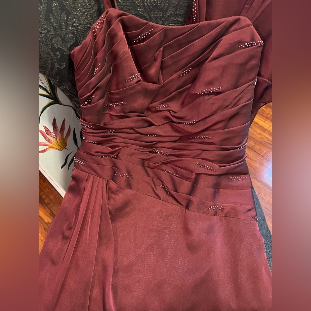 Cranberry mother of bride formal rouched beaded A line gown prom 14